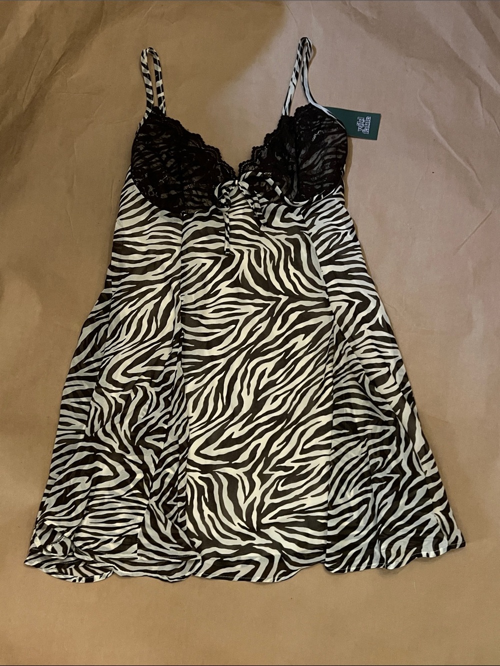 wild fable Zebra-Print Satin Chemise with Black Lace